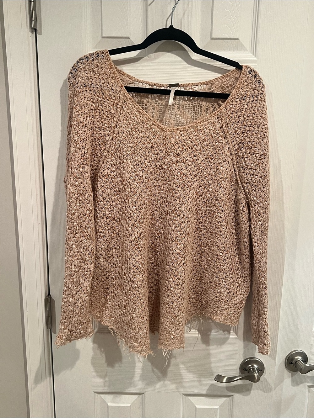 Free People Open-Knit V-Neck Sweater in Earthy Tan Brown and Cream